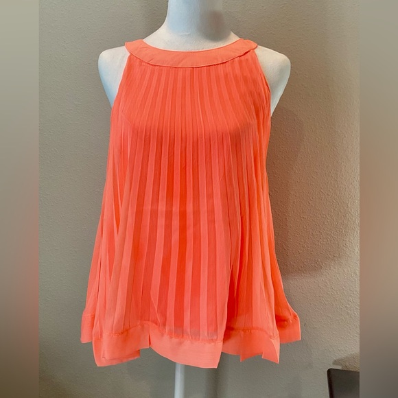 Ontwelfth Tops - Ontwelfth Halter Style Sleeveless Pleated Blouse - Bright Coral
